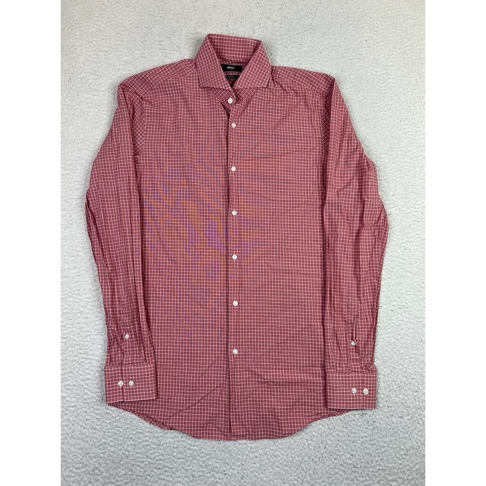 Hugo Boss Shirt Mens 15.5 39 Red Slim Fit Egyptian Cotton Check‎ Dress Shirt